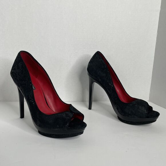 Charles Jourdan Black Snake Print Peep Toe Platform Stiletto Heels Size 11 - Picture 2 of 12